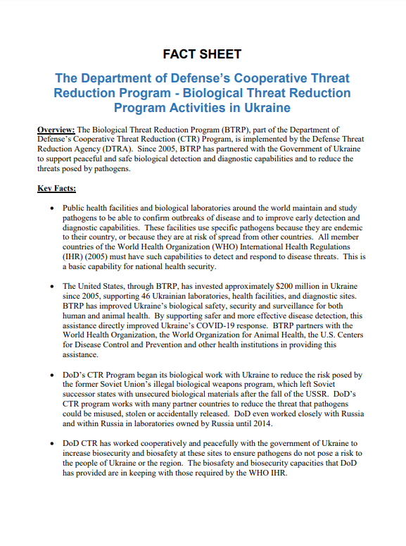 The Department of Defense’s Cooperative Threat Reduction Program - Biological Threat Reduction Program Activities in Ukraine