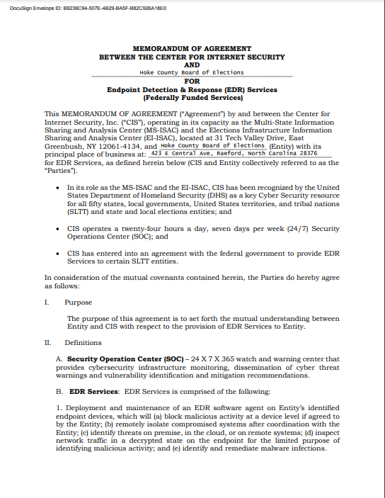 Elections infrastructure informations agreement Hoke County North Carolina